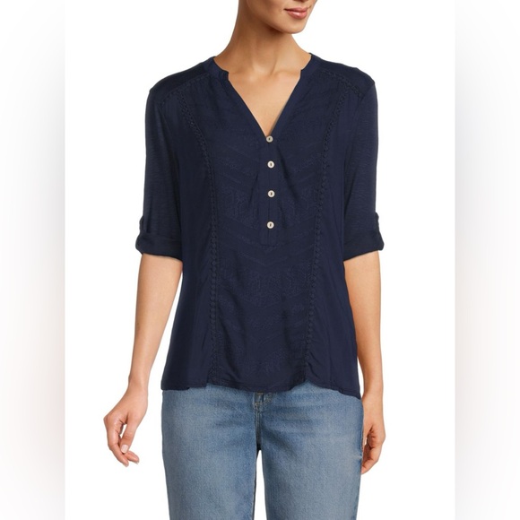 Democracy Tops - Democracy- Midnight Blue Blouse with Button Accents Size S